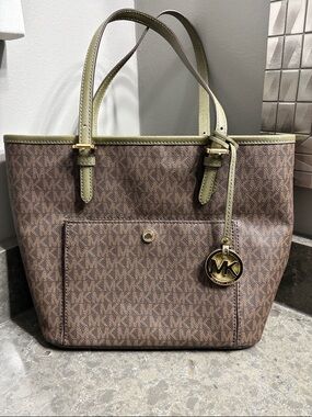 Michael Kors Brown Monogram Tote with Olive Trim and Gold Hardware